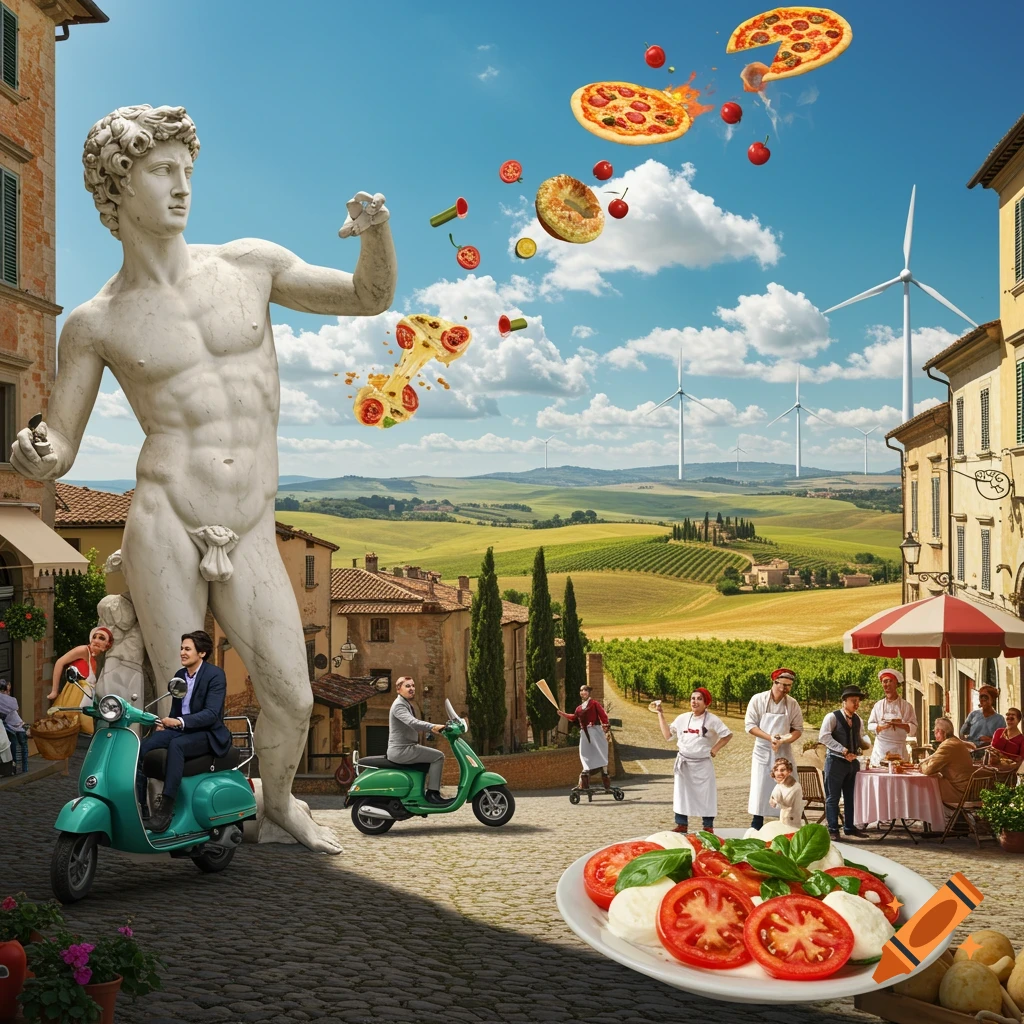 A giant marble statue of David stands in an Italian village, with flying pizzas and people on scooters in a Tuscan landscape.