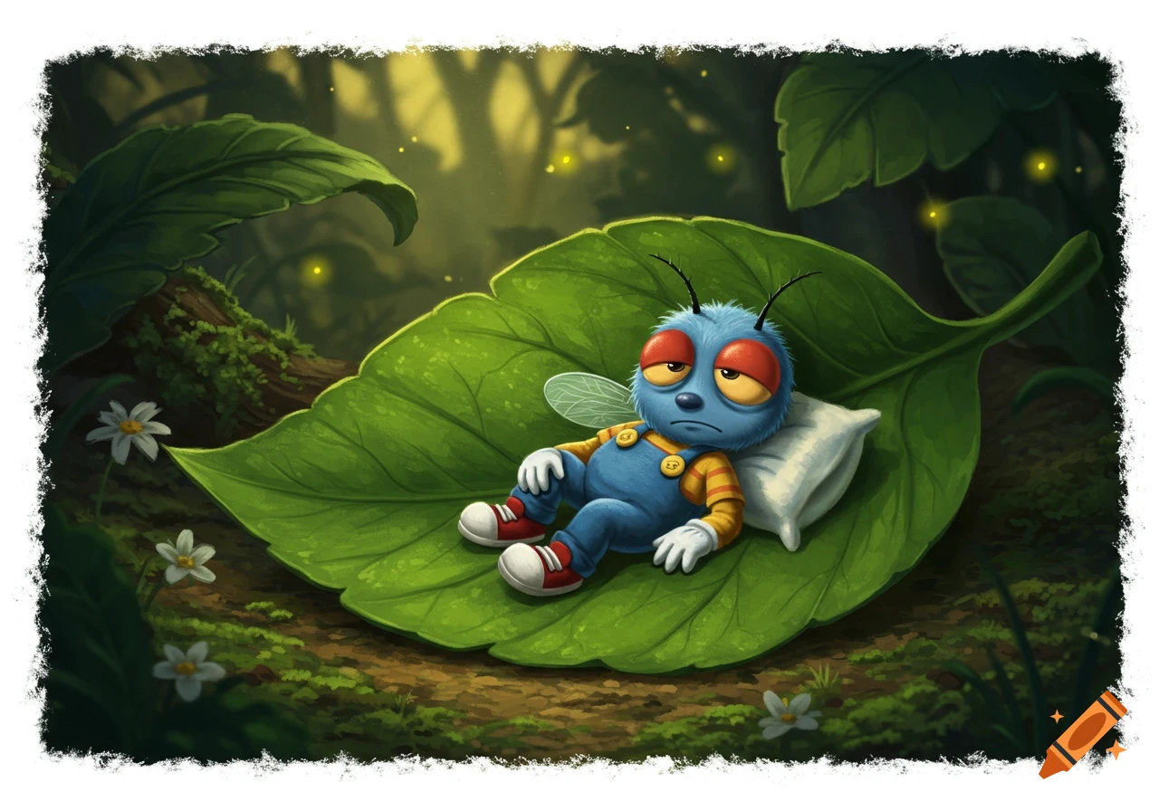 A whimsical blue cartoon fly with sad eyes sleeps on a large green leaf in a twilight forest with fireflies, in a painterly style.
