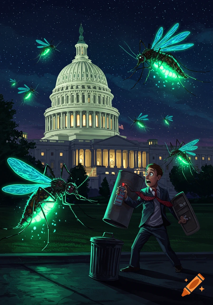 Cartoon illustration of a man fighting giant glowing mosquitoes in front of the US Capitol at night.