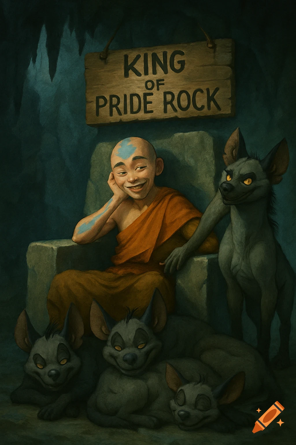 Aang, with a blue arrow tattoo, sits on a stone throne, smiling coyly with hyenas around him in a dim cave. A sign reads 'KING OF PRIDE ROCK'.