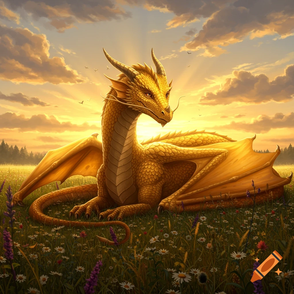 A magnificent golden dragon rests in a vibrant field of wildflowers bathed in the warm glow of a sunset.