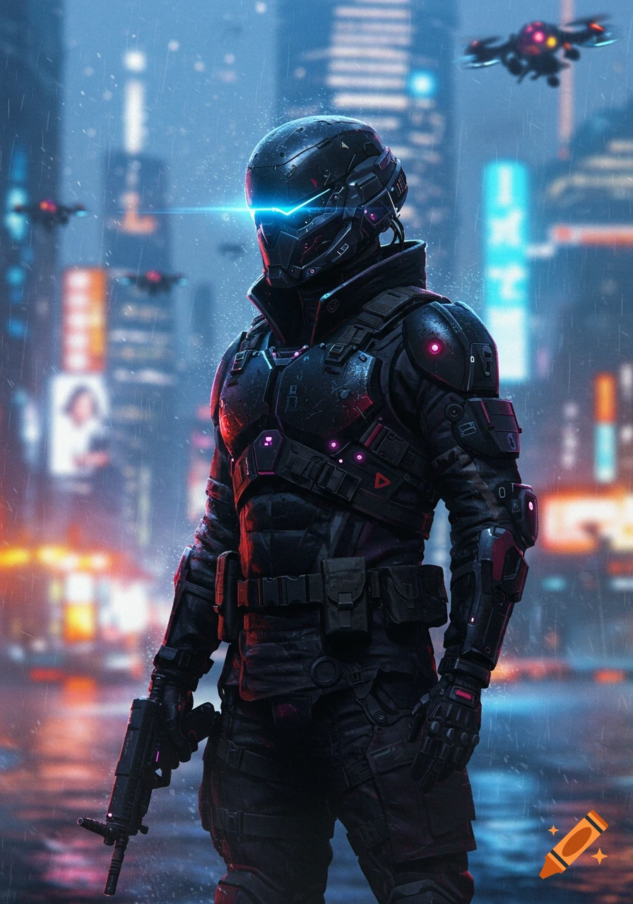 A futuristic soldier in black armor with a glowing blue visor stands in a rainy, neon-lit cyberpunk city, holding a rifle.