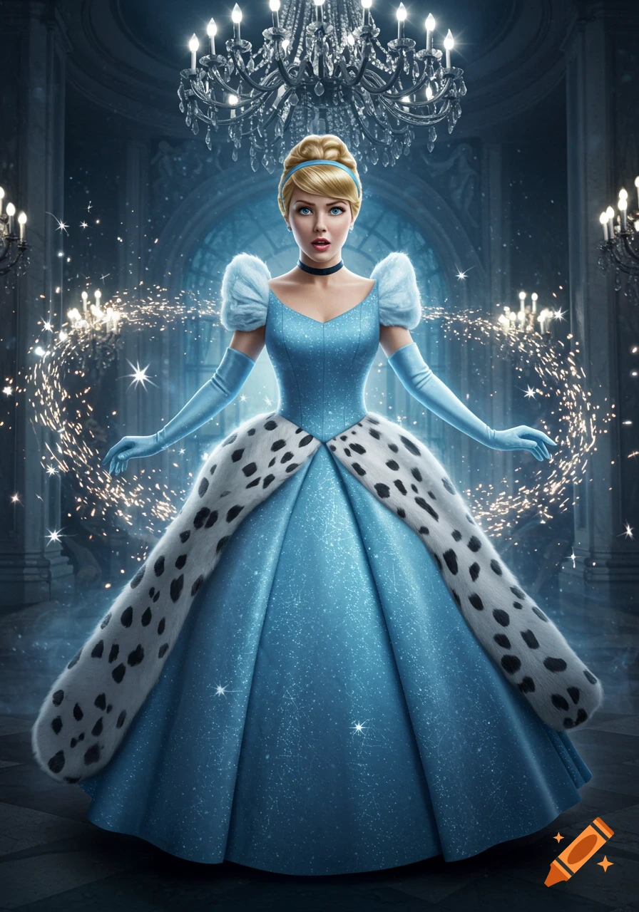 Cinderella in a blue gown with fur trim stands in a grand hall, surrounded by magical sparkles from a chandelier.