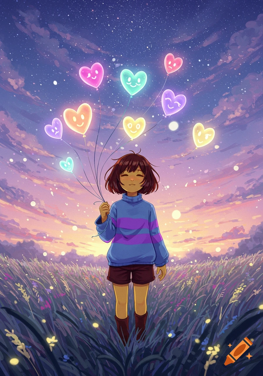 Anime illustration of Frisk holding glowing heart balloons in a colorful twilight field with a starry sky.