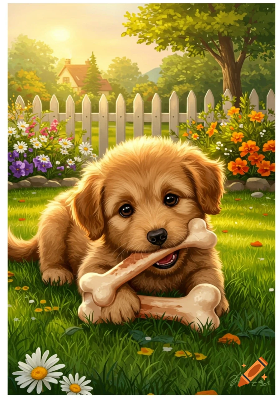 A cute, fluffy golden retriever puppy lies in a sunny, green garden, happily chewing on a large bone. Colorful flowers and a white picket fence are in the background, with a house and trees beyond.