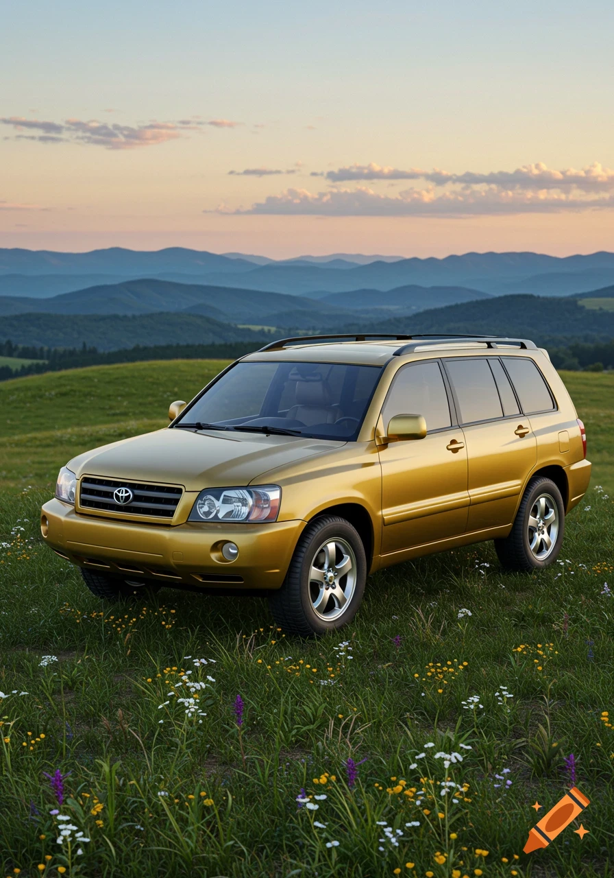 A gold Toyota Highlander SUV parked in a field with wildflowers, mountains in the background at sunset.
