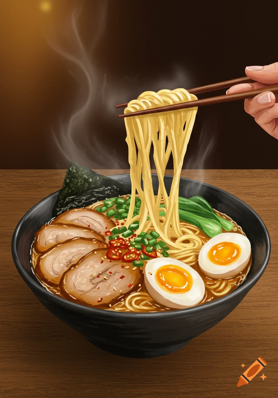 A hand uses chopsticks to lift steaming ramen noodles from a black bowl, filled with pork, eggs, and vegetables on a wooden table. Illustrated style.