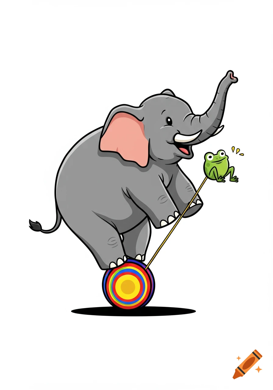 A happy cartoon grey elephant balances on a rainbow unicycle, holding a green frog on a stick.