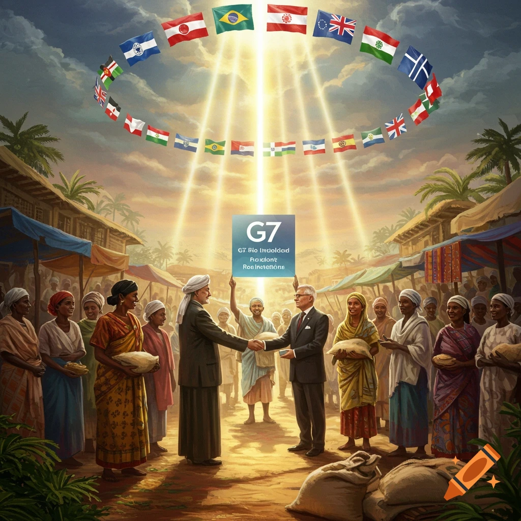 Men in a marketplace shake hands, surrounded by people holding sacks, with flags of various nations floating above, illuminated by golden light from the sky.