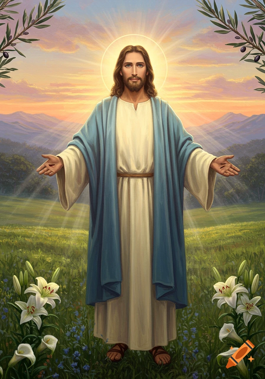 Jesus Christ with open arms in a vibrant field at sunset, halo above his  head, olive branches and lilies. on Craiyon, image size:896x1280