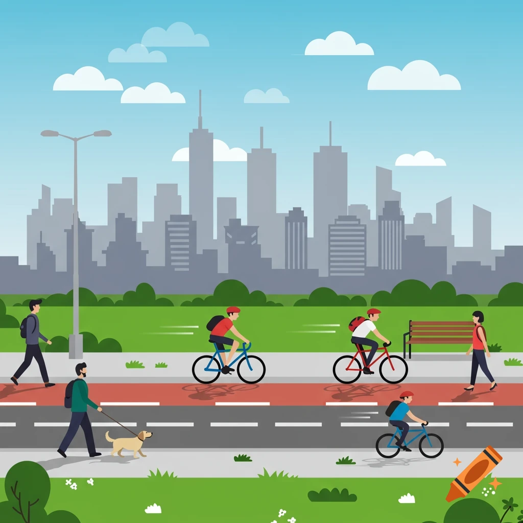 Flat vector illustration of people cycling and walking with a dog in a city park with a skyline background.
