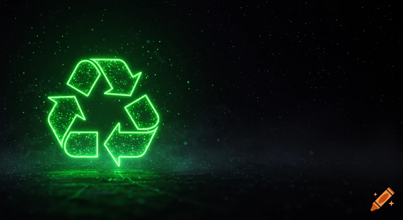 A glowing neon green recycling symbol on the left against a dark, sparkling background.