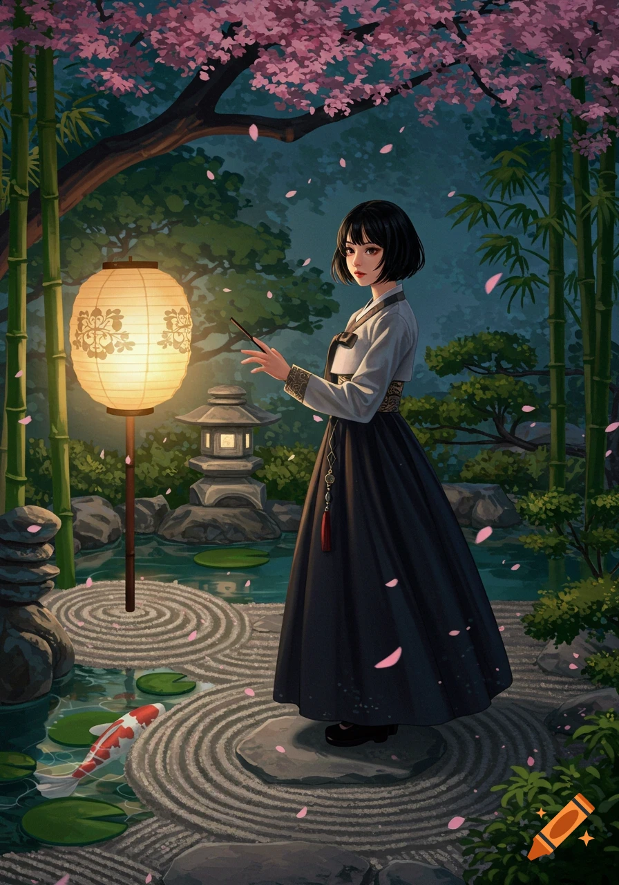 An illustration of an Asian girl in a traditional Hanbok dress in a serene Japanese garden with a glowing lantern, cherry blossoms, and a koi fish.