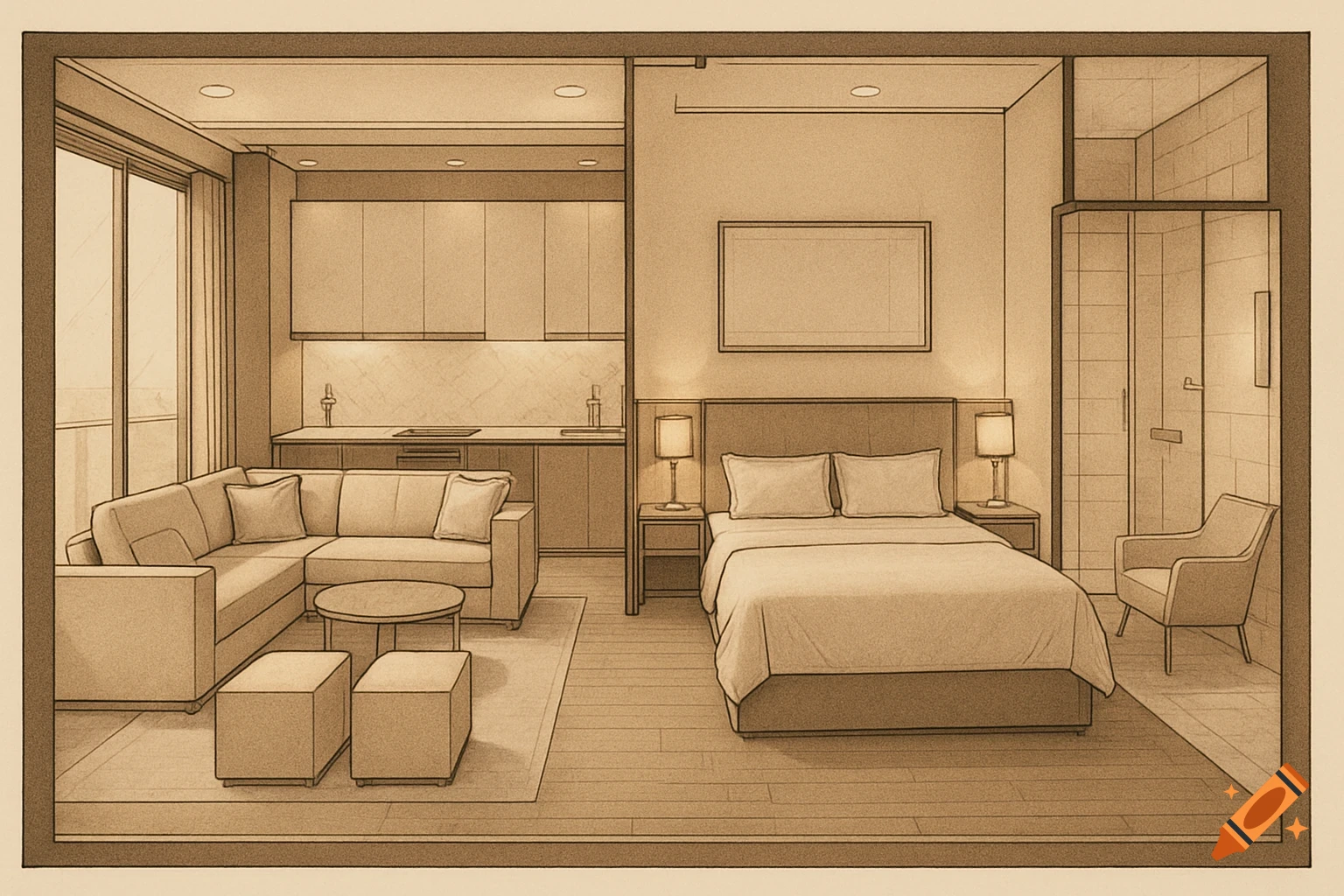 Architectural sketch of a modern studio apartment layout featuring a living area, kitchen, bedroom, and bathroom.