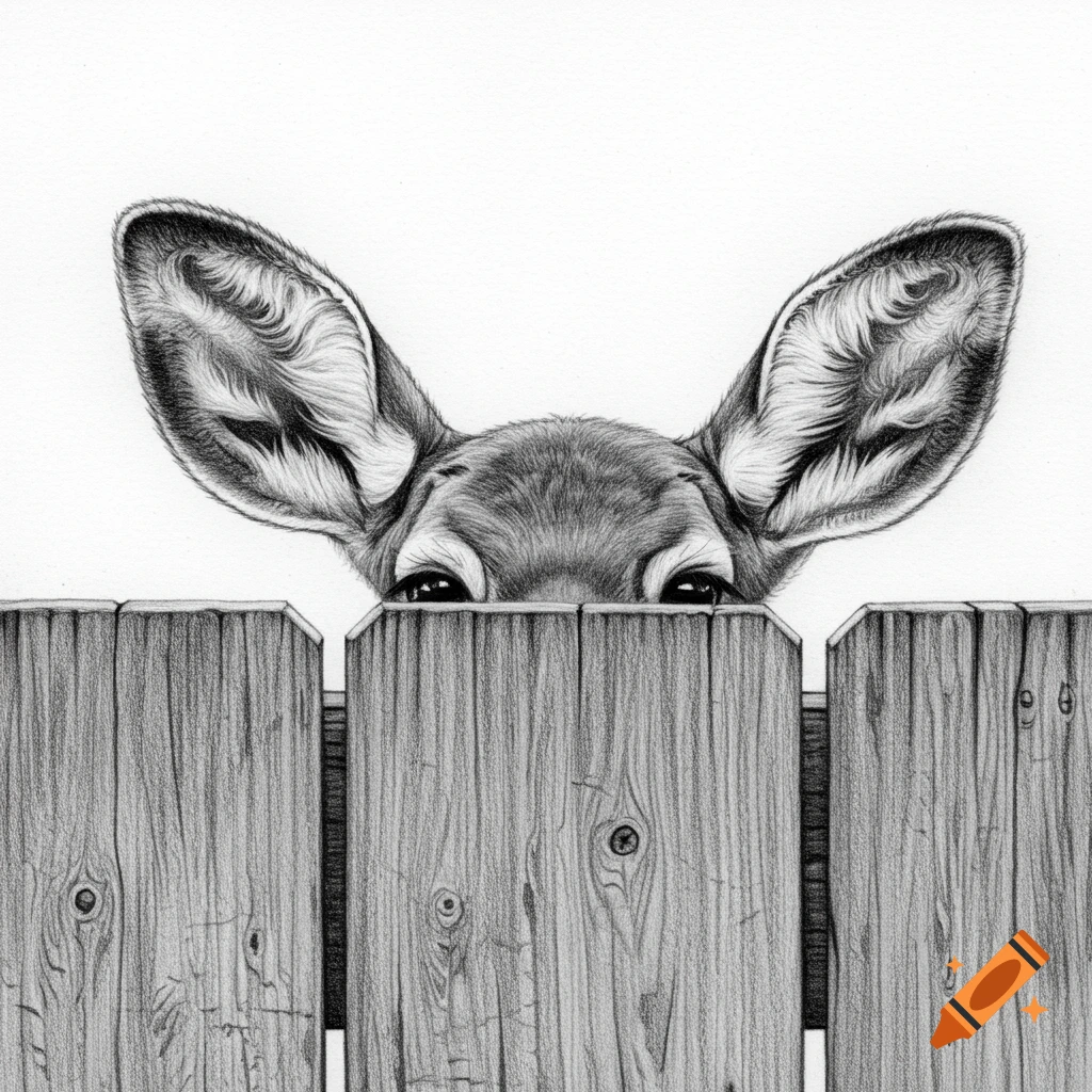 A detailed pencil drawing of a deer's ears and eyes peeking curiously over a wooden fence.