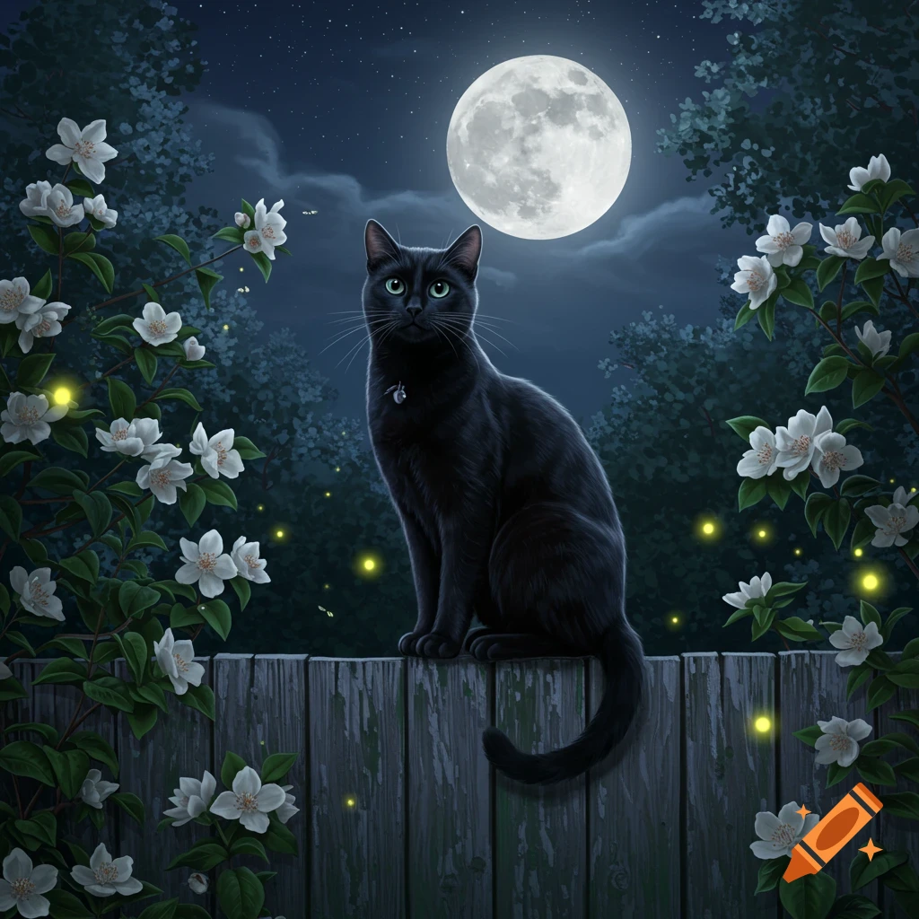 A black cat with green eyes sits on a wooden fence at night, under a full moon, surrounded by white jasmine flowers and fireflies.