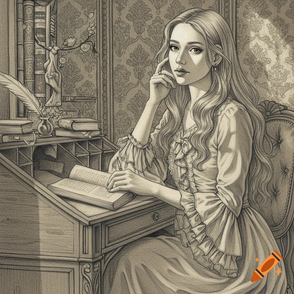 Pencil drawing of a young woman with long wavy hair, sitting at a wooden desk with an open book and a quill pen.