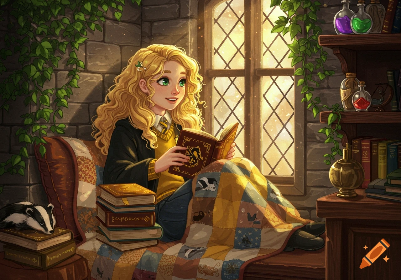 An illustration of a blonde girl with curly hair in a Hufflepuff uniform, reading a book in a cozy, sunlit stone room with shelves of books and potion bottles.