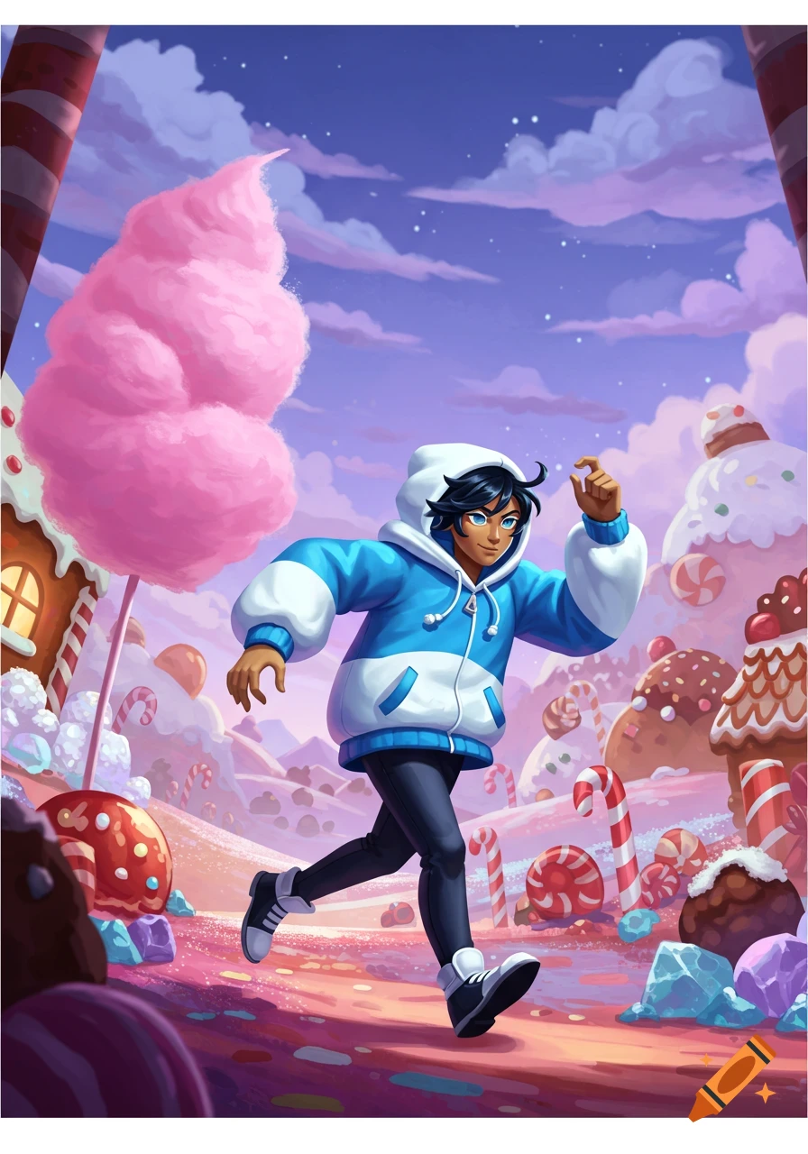 A cartoon boy in a blue and white hoodie runs through a vibrant candy land with gingerbread houses, lollipops, and cotton candy.