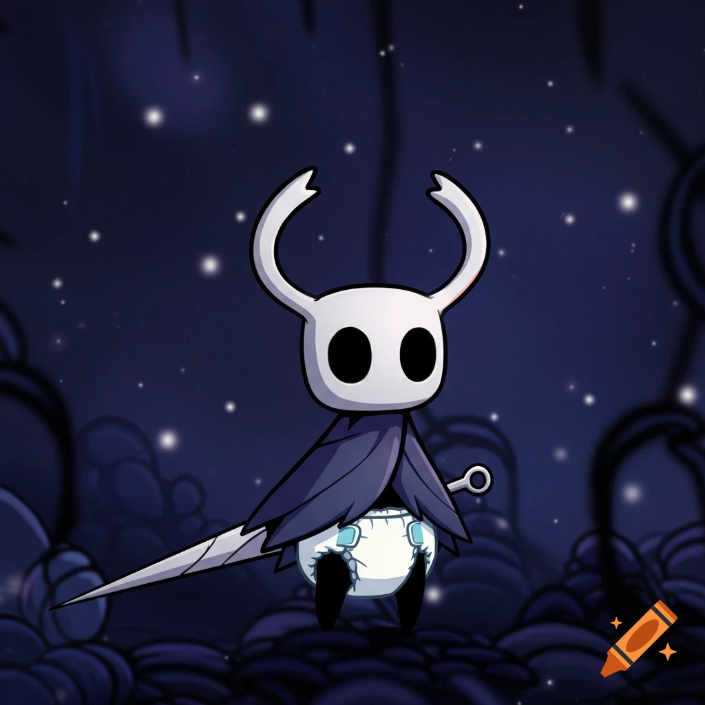 Vector graphic of the Hollow Knight character in a diaper against a dark, sparkly background.