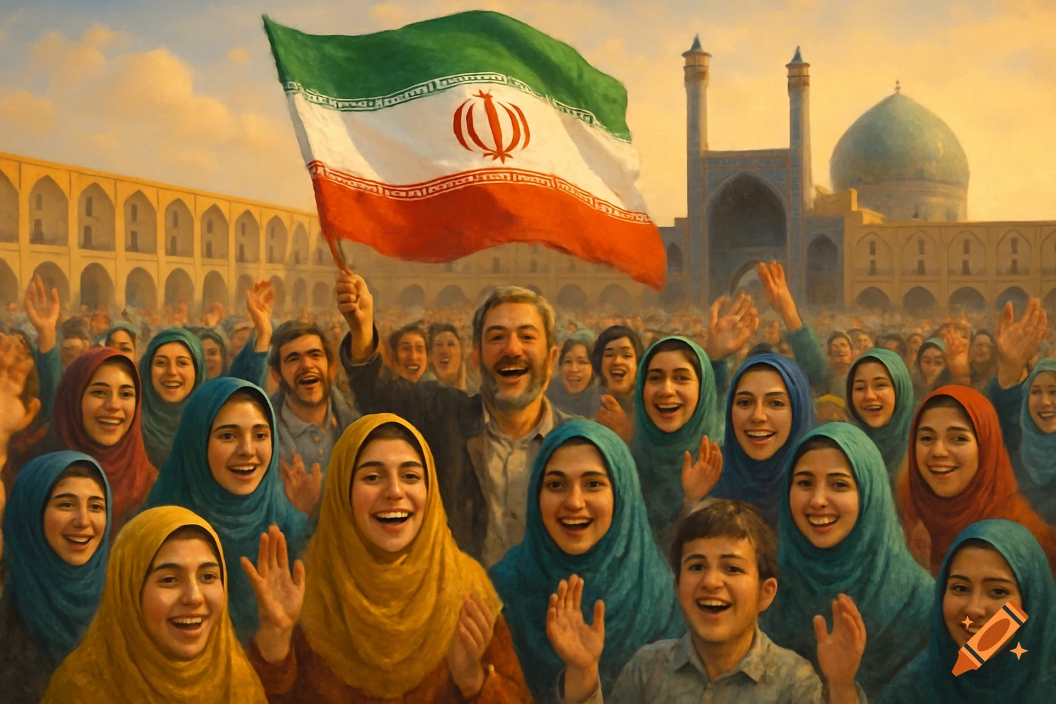 A smiling crowd in traditional attire, including women in hijabs, celebrates outdoors in front of historic Iranian architecture, holding an Iranian flag. Painterly style.