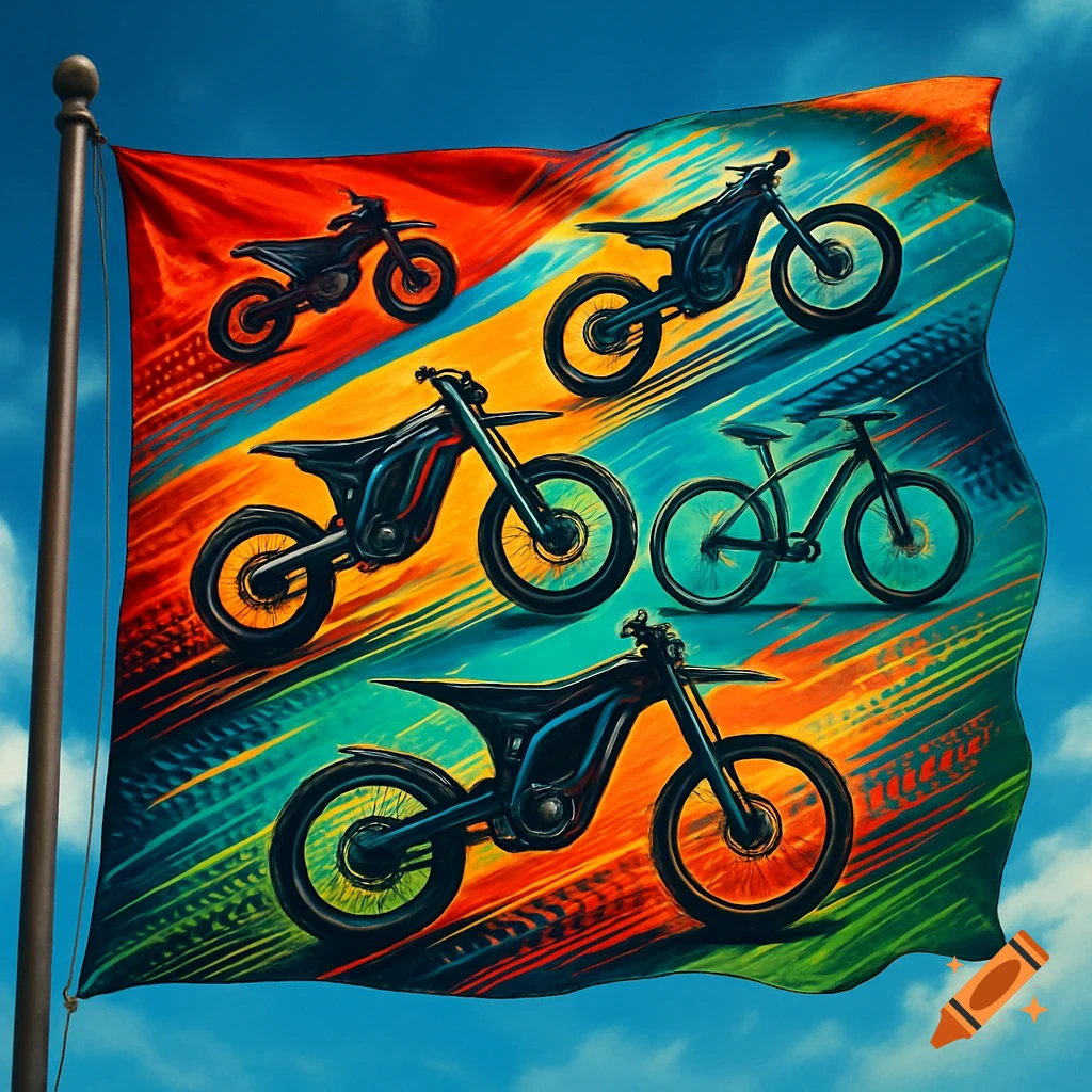 A vibrant, artistic flag depicting various types of motorcycles and e-bikes against a blue sky.