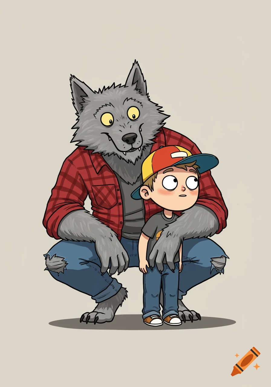 A cartoony werewolf in a torn plaid shirt and jeans crouches behind a child in a baseball cap, illustration.