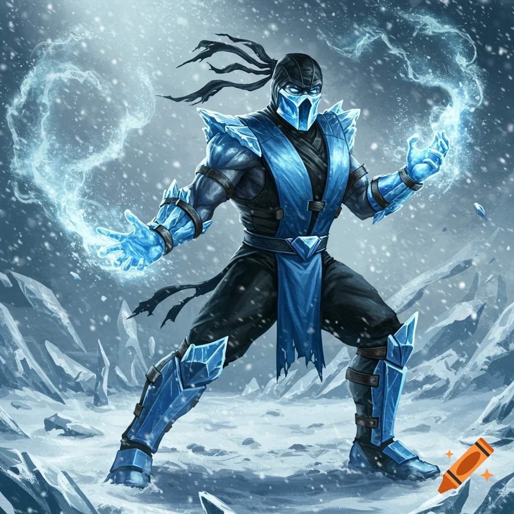 Sub-Zero, a masked ninja in blue and black armor, conjuring ice energy in a snowstorm.