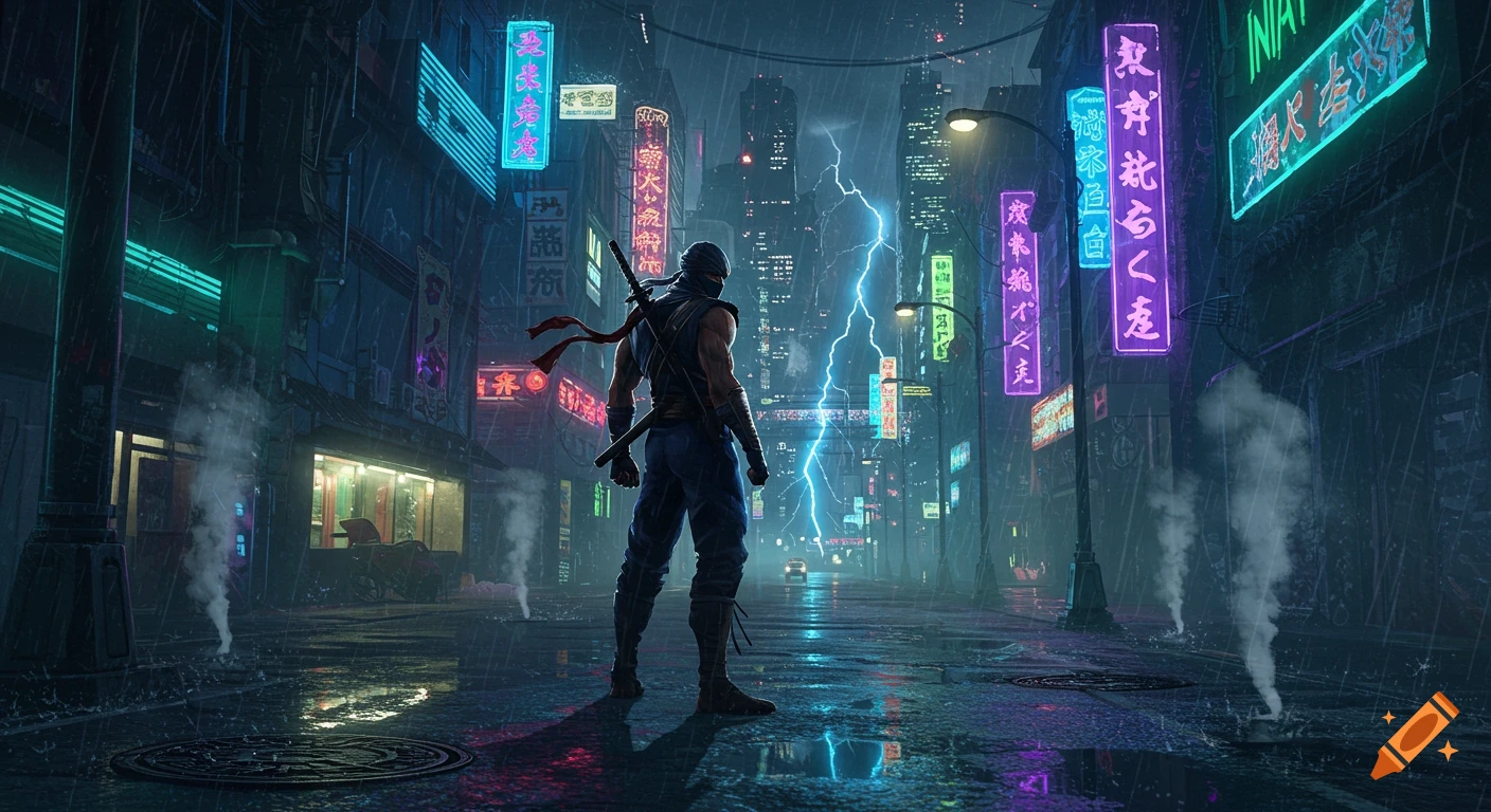 A ninja stands in a dark, rainy cyberpunk city street with glowing neon signs and lightning in the background, cinematic style.