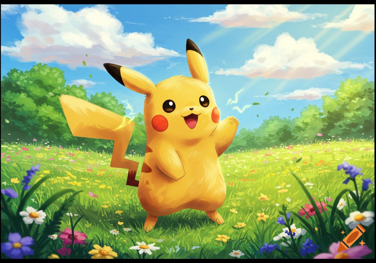 Pikachu stands happily in a vibrant green meadow filled with colorful wildflowers under a bright blue sky with clouds. Anime style.