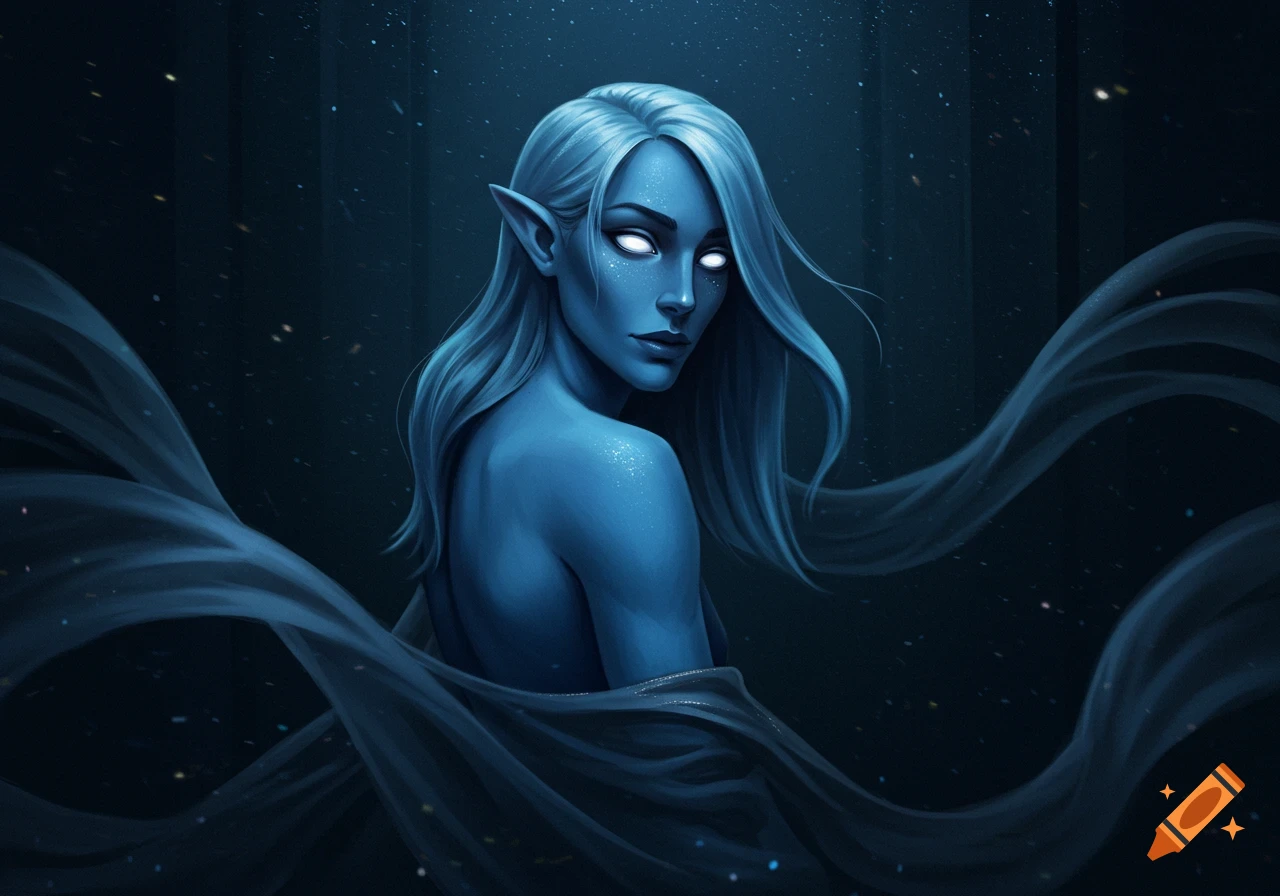 Digital art of an ethereal blue-skinned woman with white eyes and flowing hair looking over her shoulder in a dark, sparkling environment.