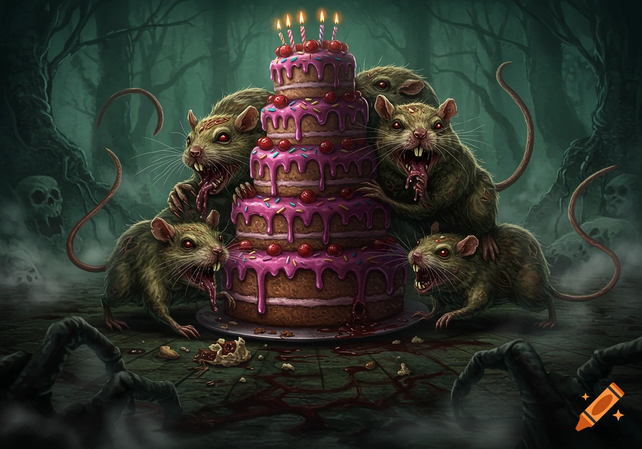 Grotesque, rat-like monsters with red eyes and dripping tongues swarm a pink birthday cake in a dark, eerie forest with skulls.