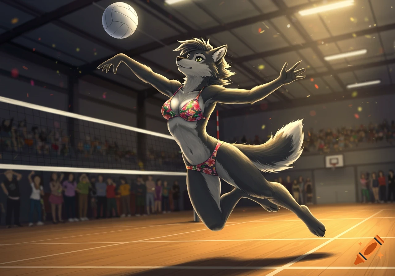 A stylized anthropomorphic female wolf in a floral bikini jumps to hit a volleyball on a wooden court in a gymnasium.