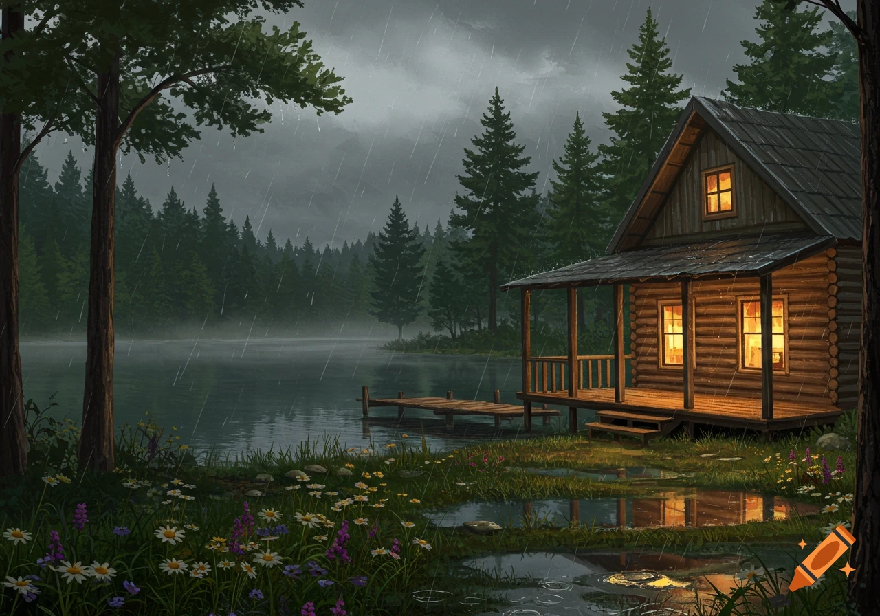 A cozy wooden cabin with illuminated windows by a misty lake in a rainy forest, with wildflowers in the foreground. Digital art.