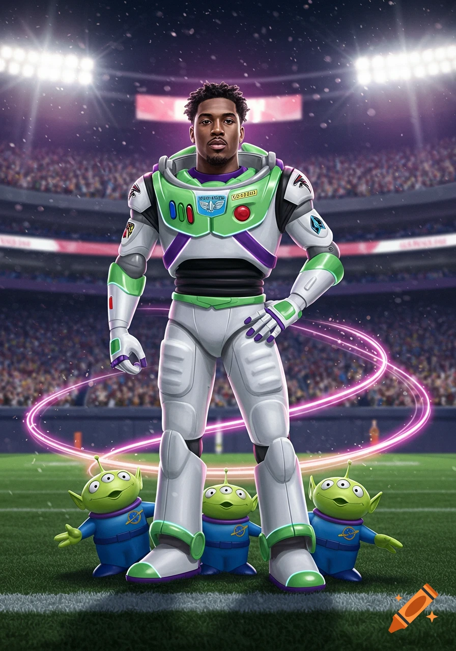 Bijan Robinson dressed as Buzz Lightyear standing on a football field with three green Toy Story aliens. The stadium is lit up in the background.