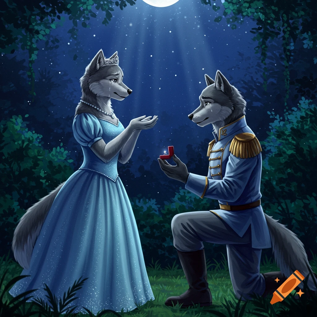 Illustrative image of an anthropomorphic wolf prince proposing to a wolf princess under a full moon in a magical forest at night.