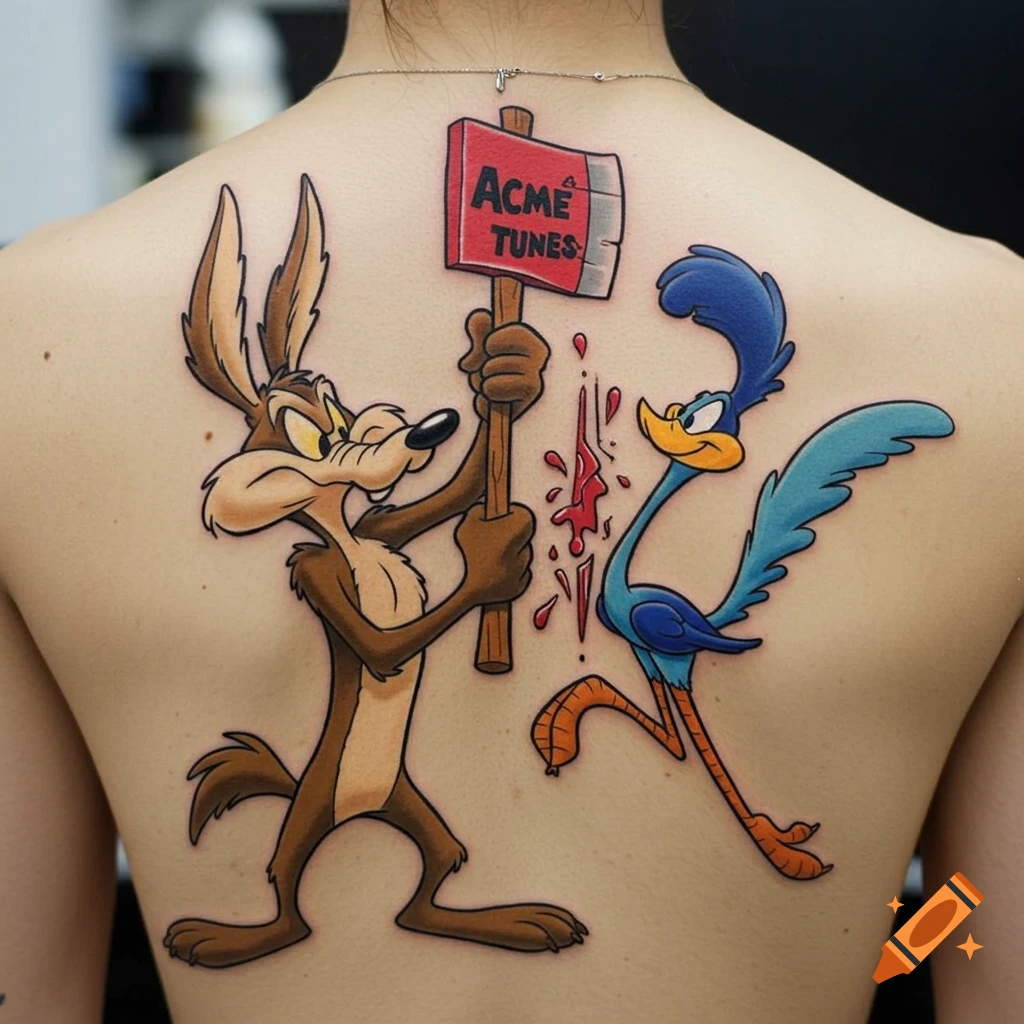 A colorful tattoo on a person's back depicting Wile E. Coyote holding an 'ACME TUNES' axe with blood splatters, next to the Road Runner who appears to be cut in half, in a classic Looney Tunes cartoon art style.