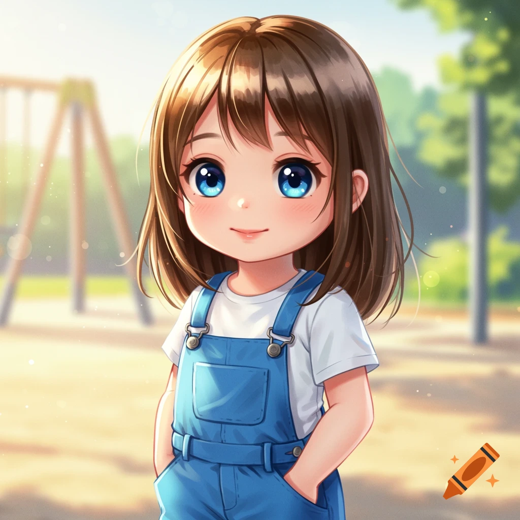 Smiling anime little girl with brown hair and blue eyes in blue overalls, standing in a blurry park.