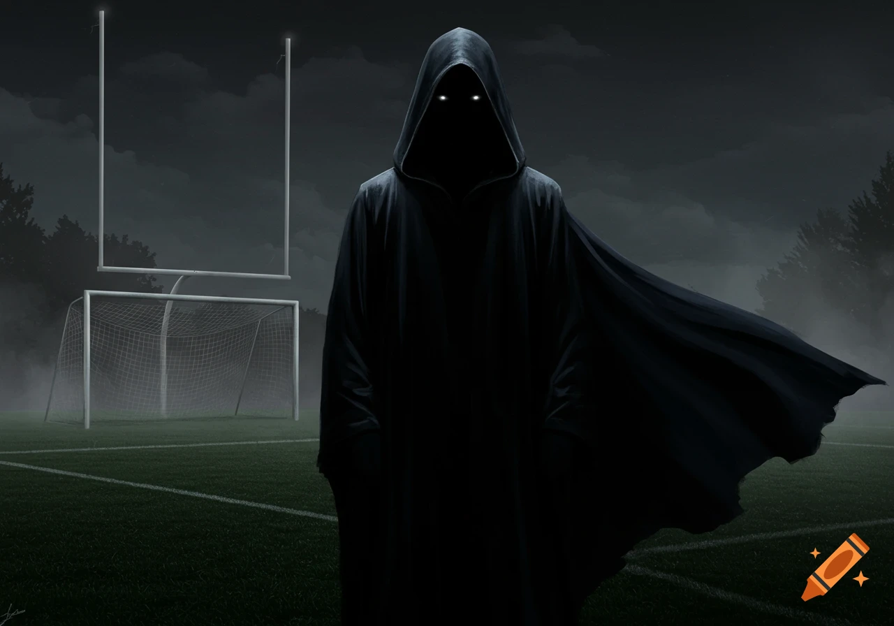 A dark, hooded figure with glowing white eyes stands on a shadowy football field under a gloomy sky, with goalposts in the background.