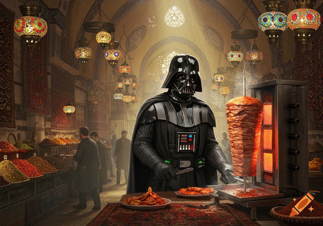 Photorealistic image of Darth Vader working at a busy döner kebab stand in Istanbul's Grand Bazaar.