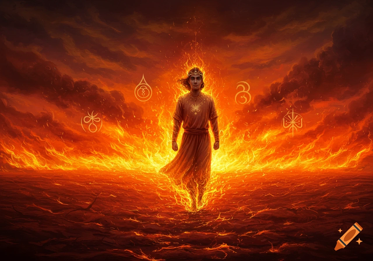 A majestic figure with a crown stands in a sea of intense flames under a fiery, smoky sky, surrounded by glowing mystical symbols.