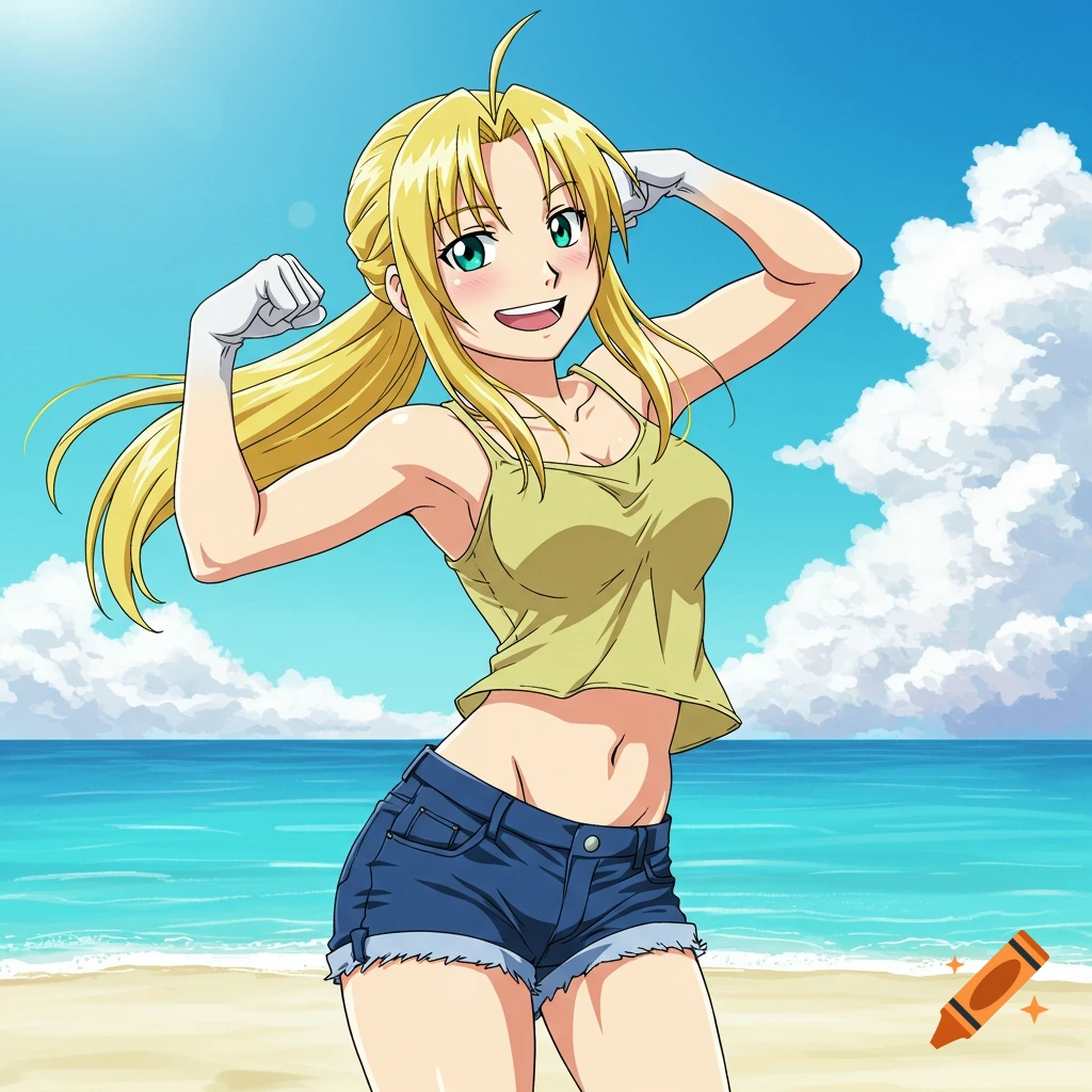 Anime character Winry Rockbell in a tank top and shorts, flexing her arms and smiling at a sunny beach.
