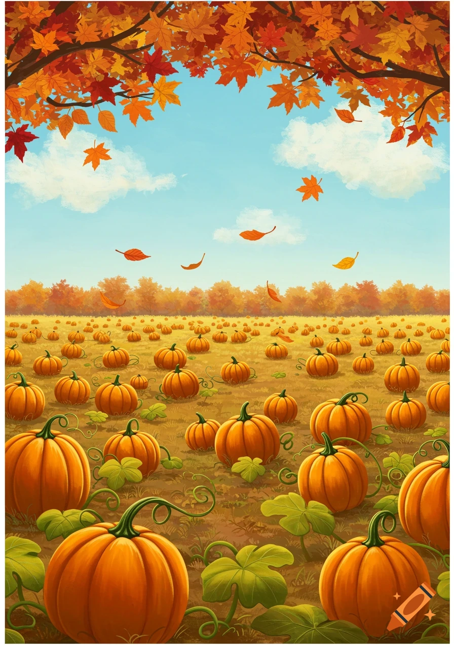 A vibrant children's book illustration of a pumpkin patch under a blue sky, with many orange pumpkins, green vines, and falling autumn leaves.