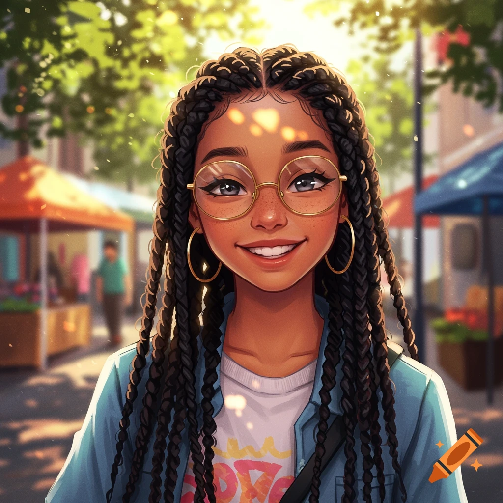 Smiling anime-style teenager with black braids and glasses in a sunny outdoor market, wearing a denim shirt.