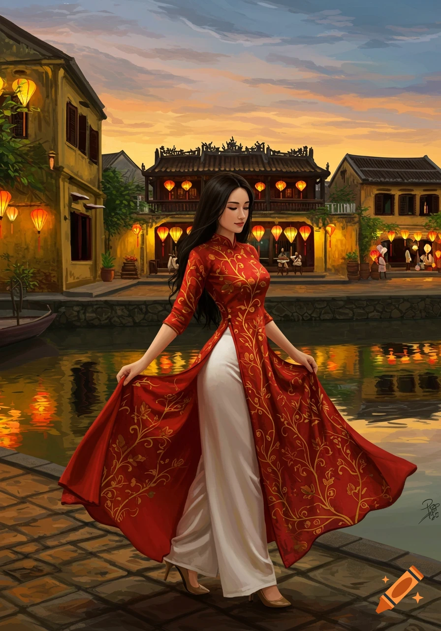 A woman in a red áo dài walks along a lantern-lit canal in Hoi An, Vietnam, in a digital painting.