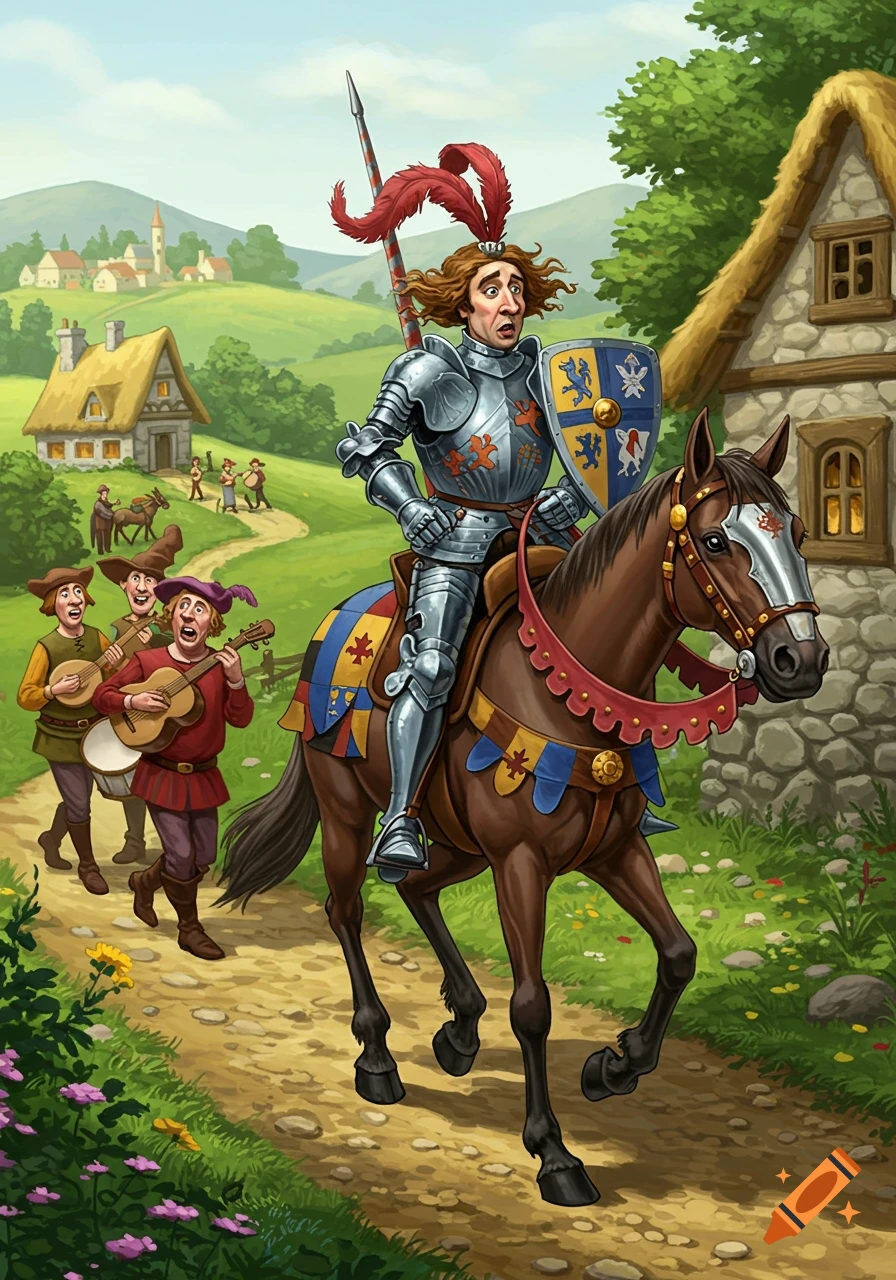 A cartoon knight on a horse, looking surprised, rides past singing villagers playing lutes in a medieval village scene.