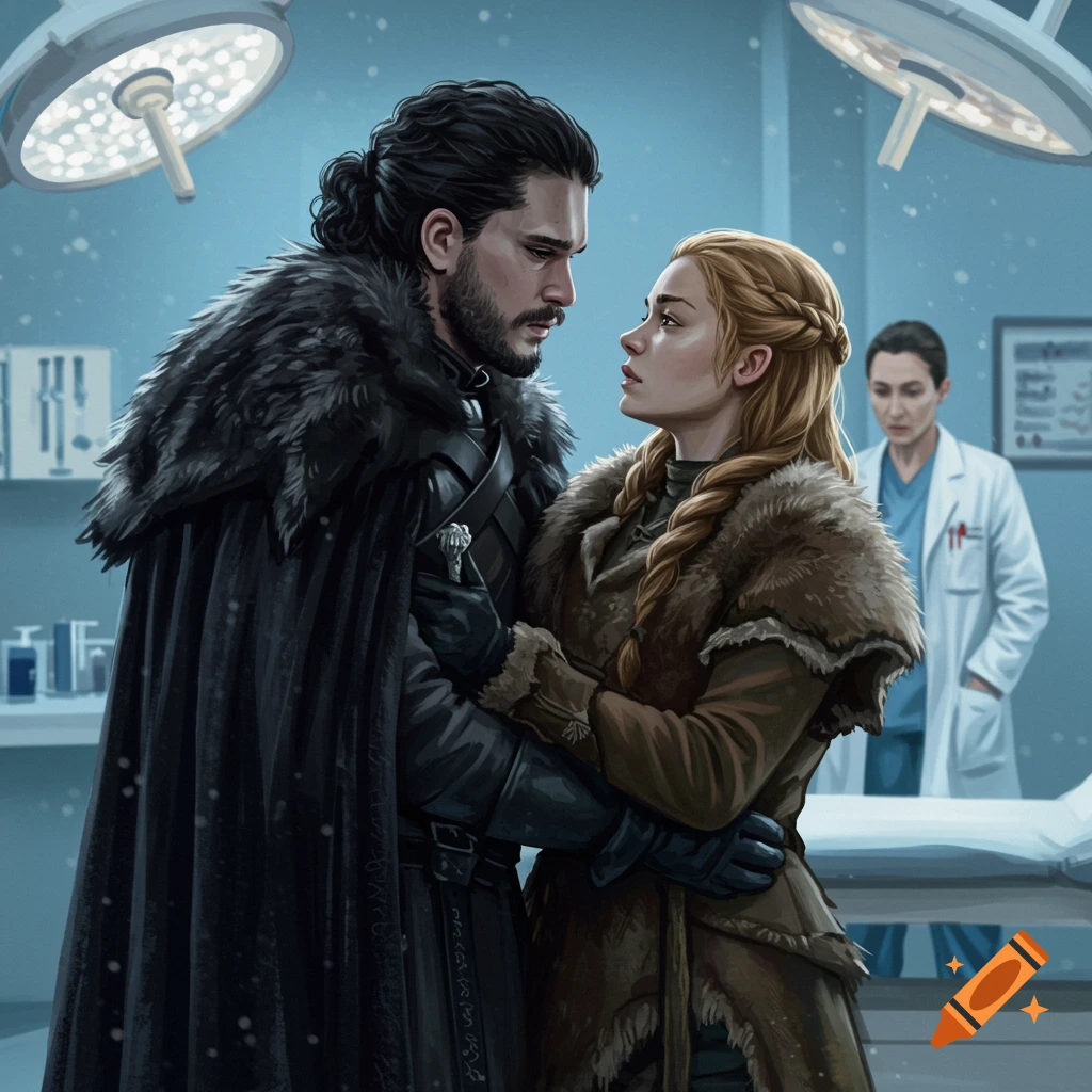 Jon Snow and Ygritte in fur-trimmed Game of Thrones costumes embrace in a medical room, an illustrated scene with a doctor in the background.