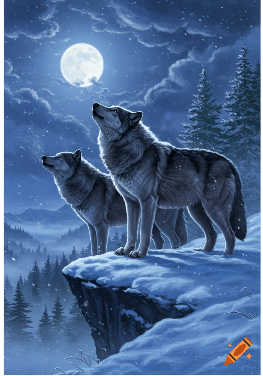 Two wolves howl at a large full moon in a snowy, misty forest at night.