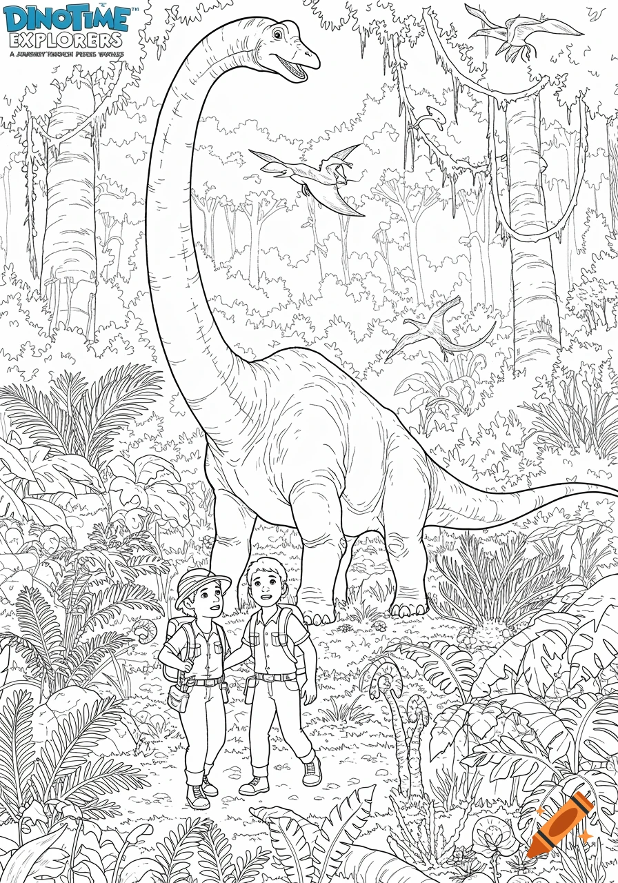 Two children explorers look at a large brachiosaurus and flying pterodactyls in a dense jungle, drawn in a coloring book style.