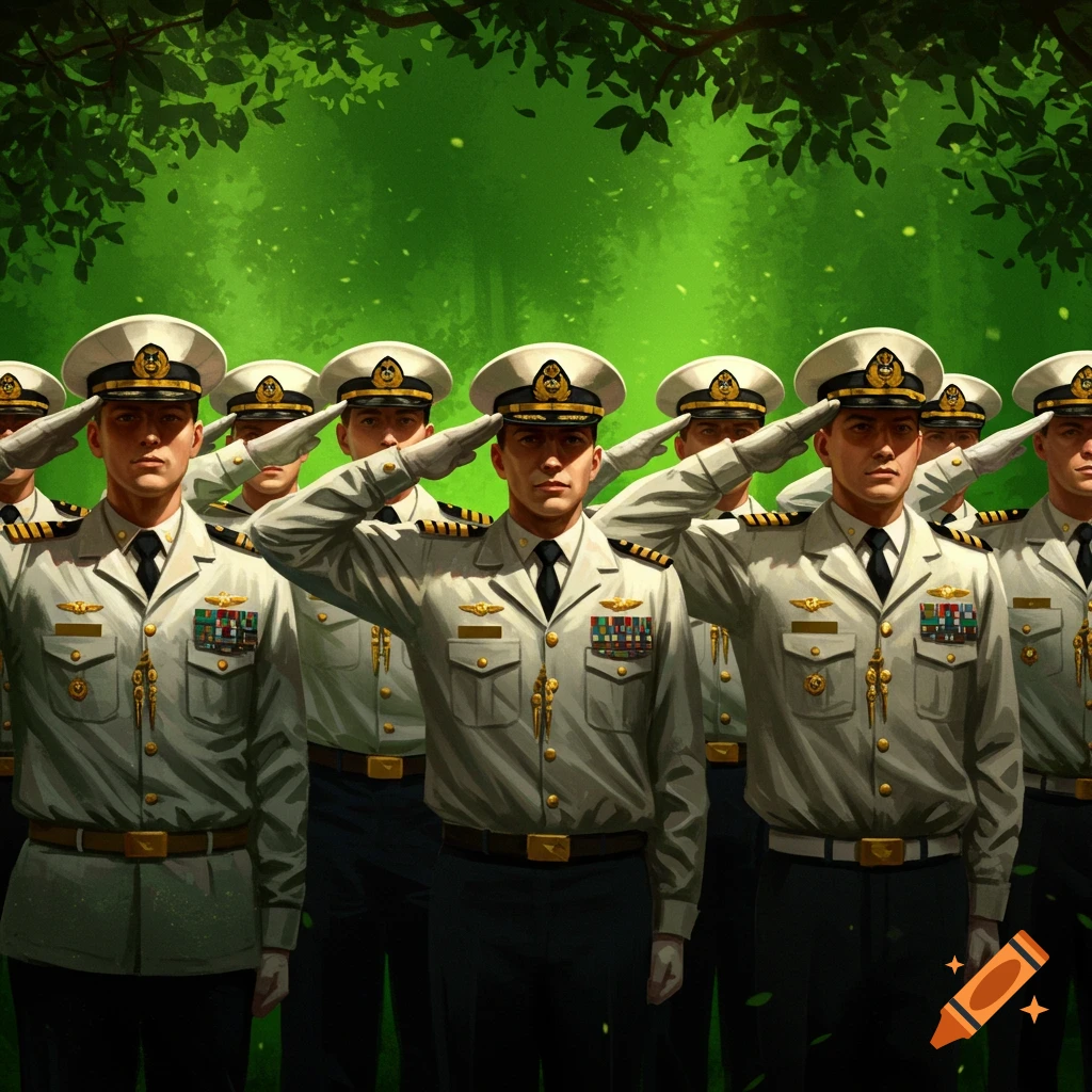 Naval officers in white uniforms with medals salute against a vibrant green background with dappled light, in a digital painting style.